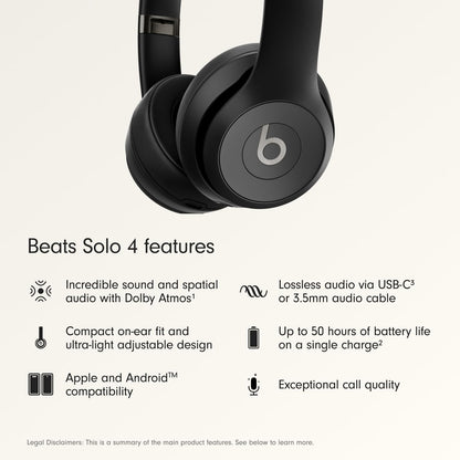 Beats Solo 4 Wireless Bluetooth On-Ear Headphones – Up to 50 Hours Battery, Spatial Audio, Apple & Android Compatible, Matte Black